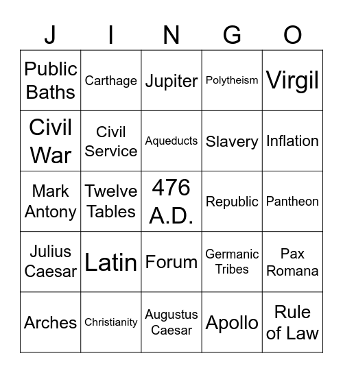 Roman Civilization #2 Bingo Card