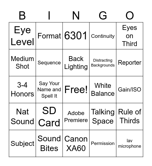 Broadcast Video Production FIRST SEMESTER Bingo Card