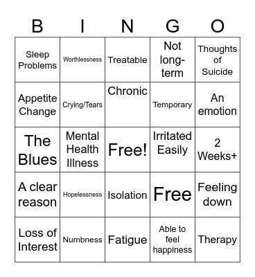Sadness OR Depression Bingo Card