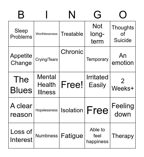 Sadness OR Depression Bingo Card
