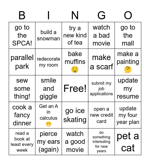 Winter Break Bingo Card