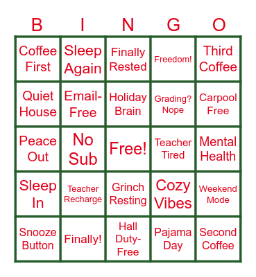 Countdown to Break Bingo Card