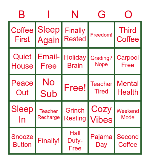 Countdown to Break Bingo Card
