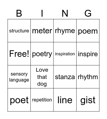 elements of poetry Bingo Card