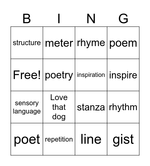 elements of poetry Bingo Card