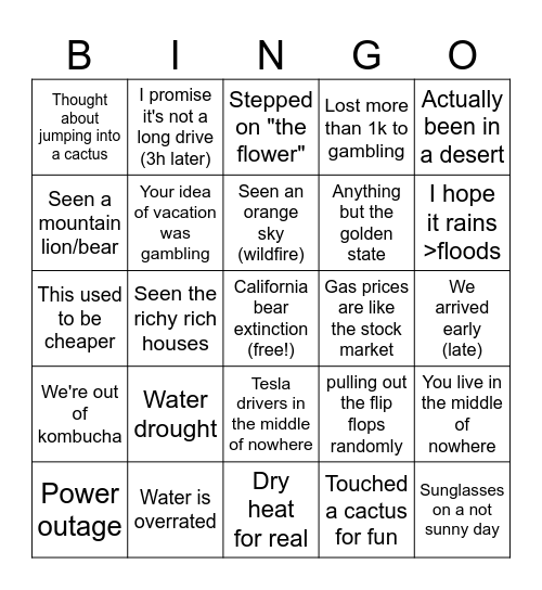 California Bingo Card