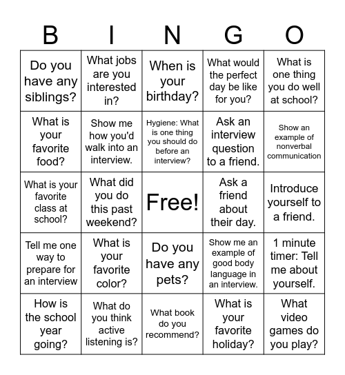 Communication Practice Bingo Card