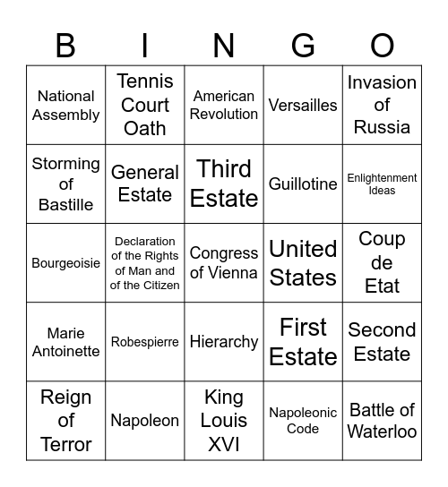 French Revolution Bingo Card