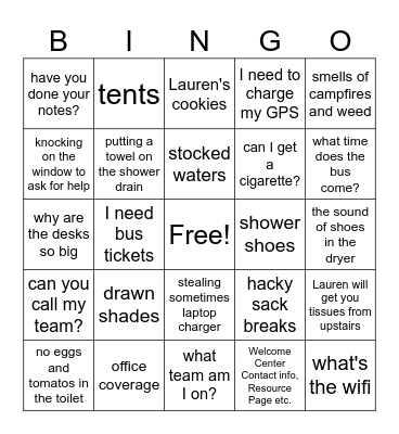 Welcome Center Bingo Card