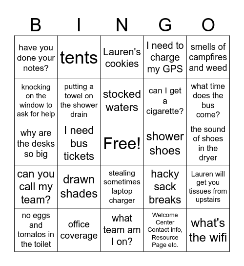 Welcome Center Bingo Card