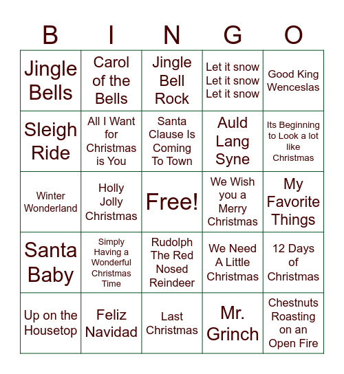 Holiday Jingle Bingo Card