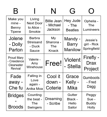 NZ and Lady Names Bingo Card