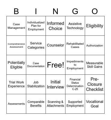 Vocational Rehabilitation Bingo Card
