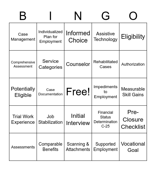 Vocational Rehabilitation Bingo Card