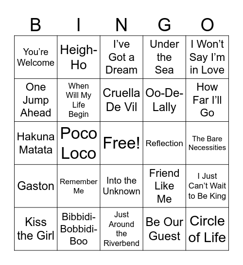 Disney Bingo Card