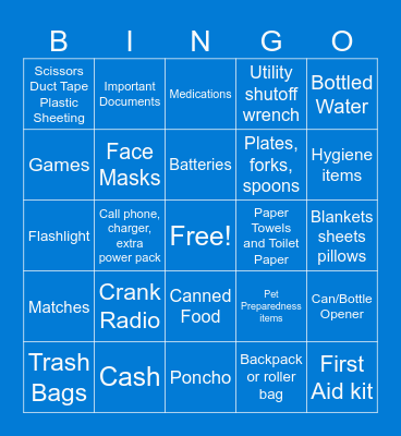 Emergency Preparedness Bingo Card