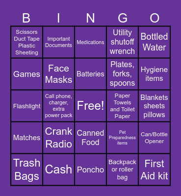 General Emergency Preparedness Bingo Card