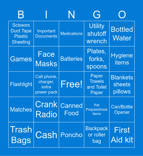 Emergency Preparedness Bingo Card