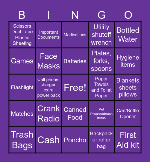 General Emergency Preparedness Bingo Card