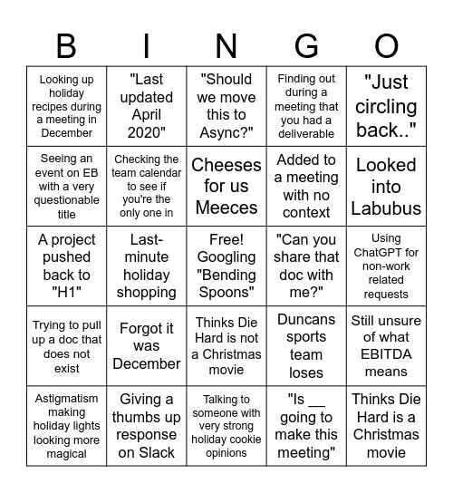 CS Holiday Party Bingo Card