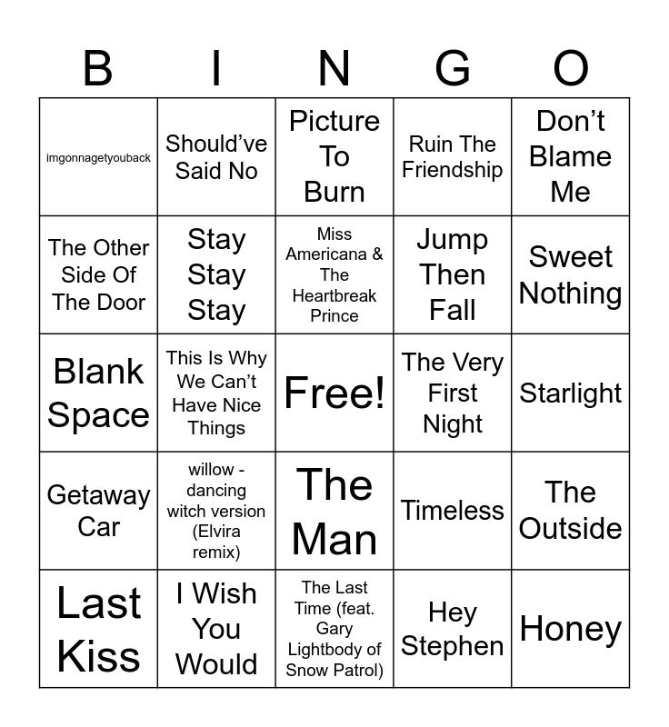Taylor Swift MB Round 2 Bingo Card
