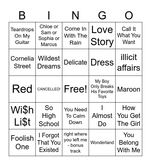 Taylor Swift MB Round 3 Bingo Card