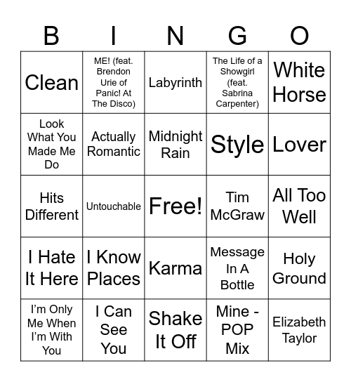 Taylor Swift MB Round 4 Bingo Card