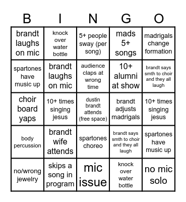 spartan choir alumni bingo Card