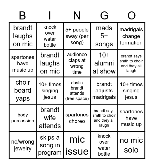 spartan choir alumni bingo Card