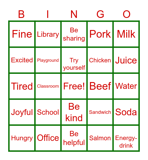 Conversation Vocabulary Bingo Card