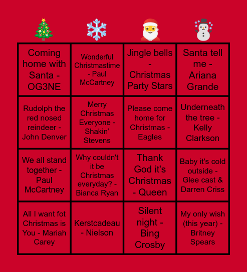 Kerstmuziekbingo SGA 2025 Bingo Card