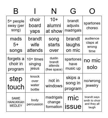 spartan choir alumni bingo Card