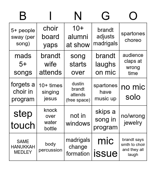 spartan choir alumni bingo Card