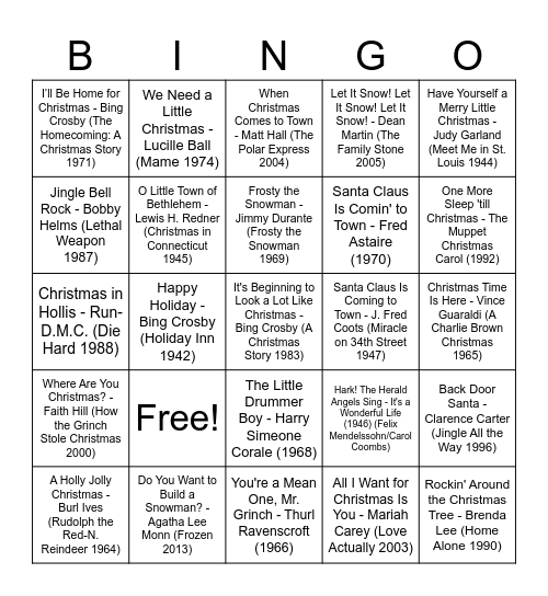 Hollywood Holidays Bingo Card