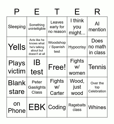 Peter Bingo Card
