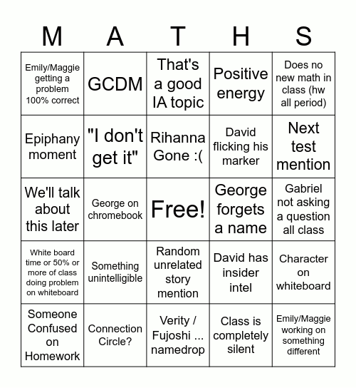 IB Math class Bingo Card