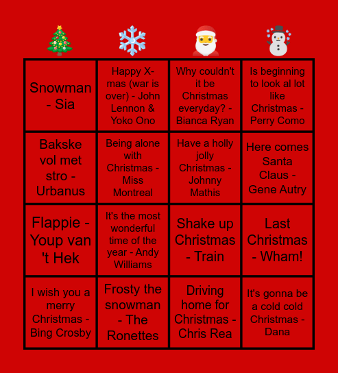 Kerstmuziekbingo SGA 2025 Bingo Card