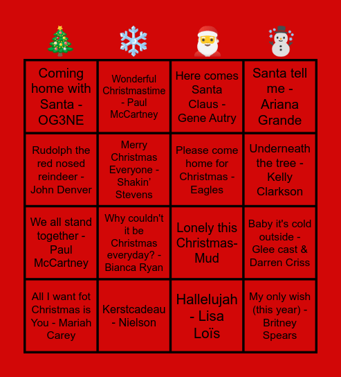 Kerstmuziekbingo SGA 2025 Bingo Card