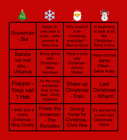 Kerstmuziekbingo SGA 2025 Bingo Card