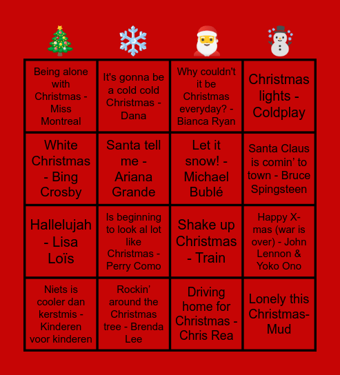 Kerstmuziekbingo SGA 2025 Bingo Card