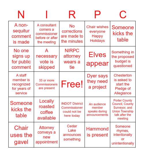 NIRPC Commission Meeting Bingo Card