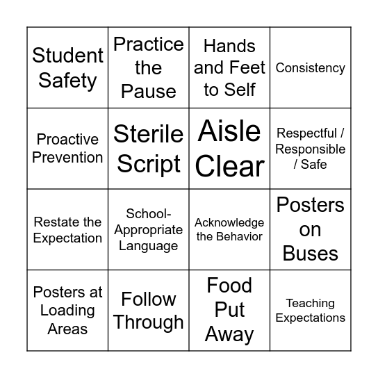 EPS Transportation Expectations Bingo Card