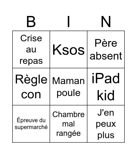 Super Nanny Bingo Card