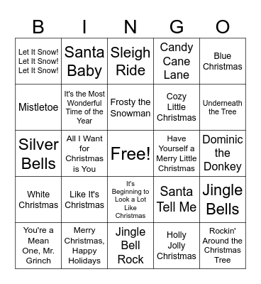 Holiday Music Bingo Card