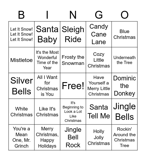 Holiday Music Bingo Card