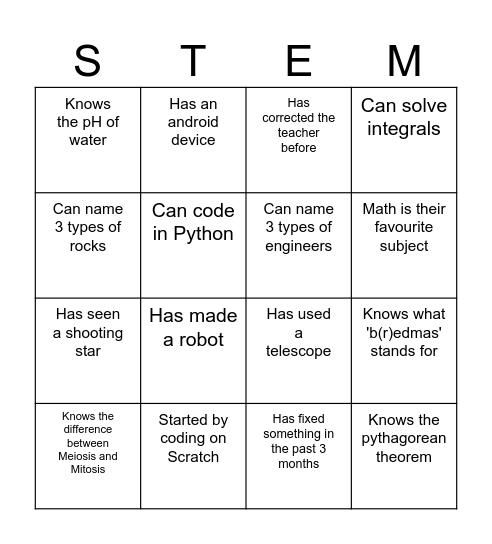 GU STEM Bingo Card