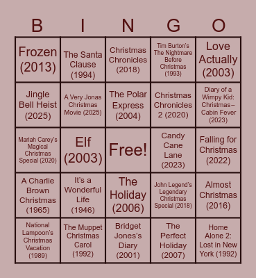 HOLIDAY MOVIES! Bingo Card