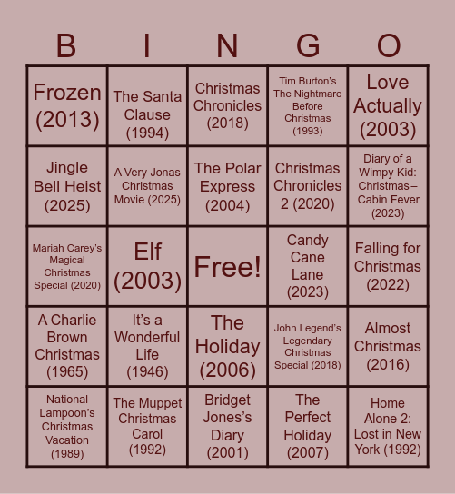 HOLIDAY MOVIES! Bingo Card
