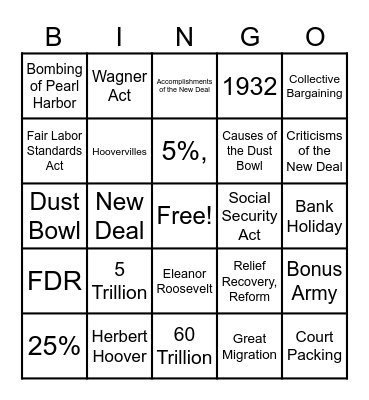 Great Depression Bingo Card