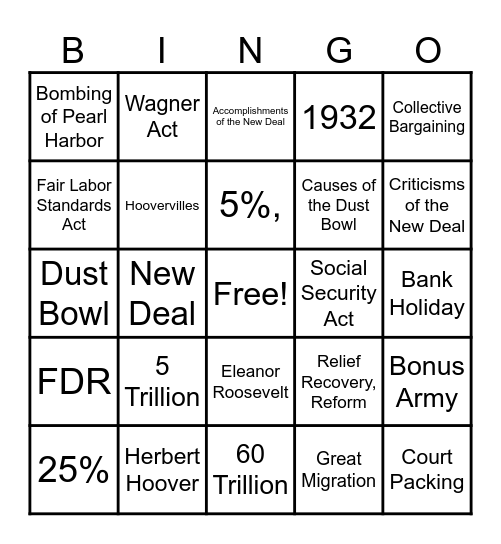Great Depression Bingo Card